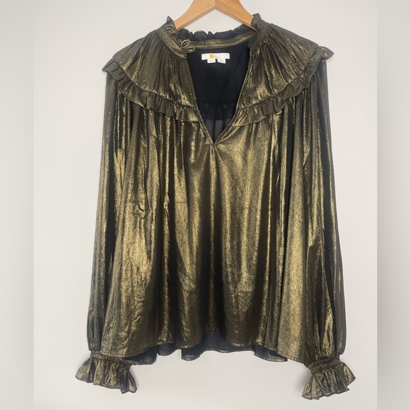 Boden | Gold Metallic Ruffle Collared Blouse Lightweight Top Party Event - Picture 2 of 8